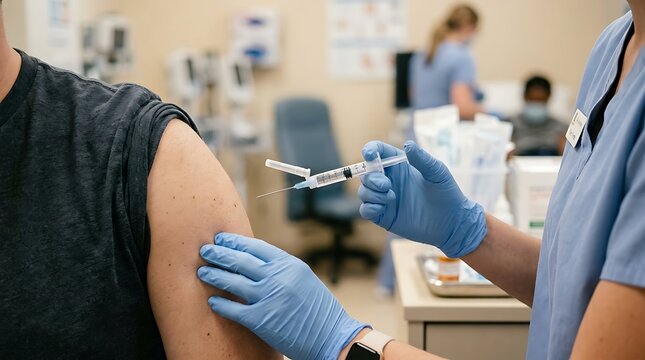 Nurse administering injection to patient's arm in clinic setting