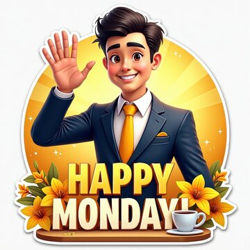 Cheerful young businessman waving and smiling with "Happy Monday" message and flowers on a sunny background