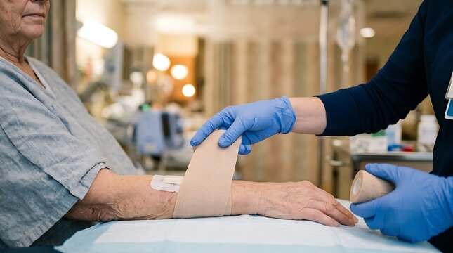 Nurse applying bandage to elderly patient's arm in hospital room