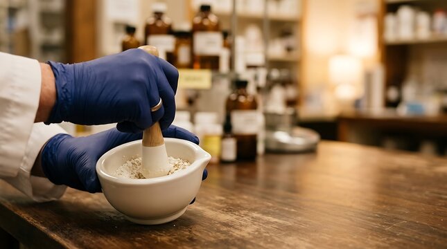 Pharmacist grinding ingredients in mortar and pestle for compounding medication