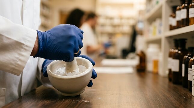 Pharmacist grinding powder in mortar and pestle with blue gloves in a pharmacy