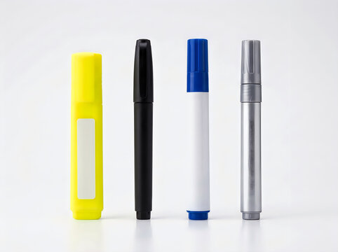 Four different types of markers a yellow highlighter, a black permanent marker, a blue whiteboard marker, and a silver metallic marker, isolated on white background