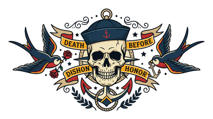 Fototapeta premium Sailor Skull with Swallows, Anchor, Rose, and Banner - Tattoo Art