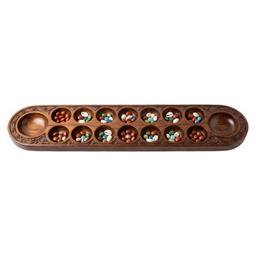 Carved Wooden Congkak Mancala Board Game with Cowrie Shells Isolated on Transparent Background