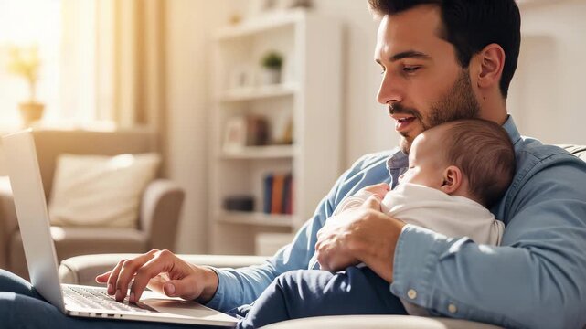 Smiling father working remotely on a laptop while holding a sleeping baby. Man multitasking with childcare and business at home. Modern fatherhood and telecommuting concept