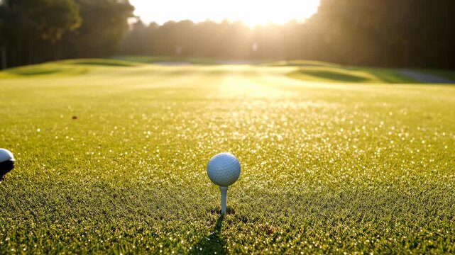 Golfer placing ball on tee during golden hour sunset on a lush green course with shallow depth of field