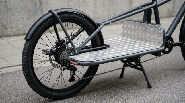 Close up of the rear wheel and cargo platform of a modern cargo bike.