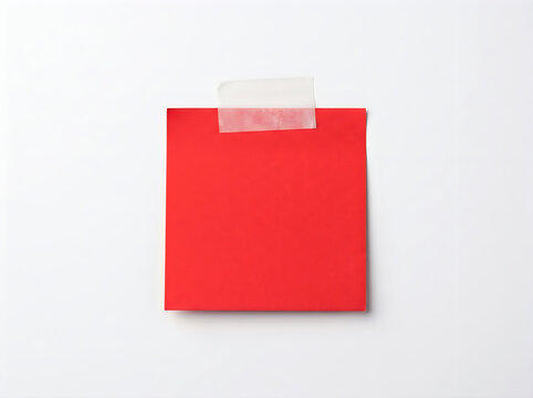 A blank red square paper note attached with a piece of adhesive tape isolated on white background