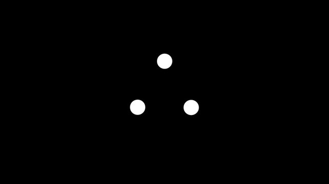 Three white dots rotating triangular on black background with alpha channel. Triple glyph circles spinner balanced loading animation. Animated throbber. 4K video. Progress indicator, buffering