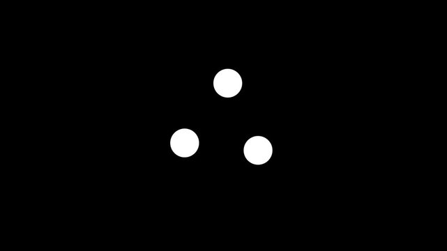 Three white dots rotating triangular. Triple glyph circles spinner balanced loading animation. Animated throbber with alpha channel. 4K video. Progress indicator, buffering