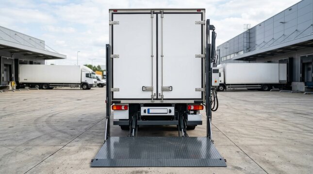 Delivery truck with lowered hydraulic tail lift at loading dock.