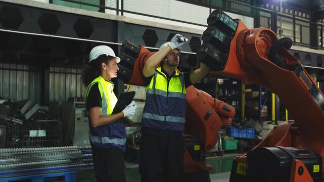 Industrial engineer inspecting a robotic arm machine in an automated manufacturing factory, robotics, automation, smart manufacturing, machine maintenance, quality control and Industry 4.0 technology.