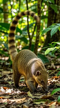 Wild coati walks on forest ground searching food among dry leaves. Small brown mammal with long striped tail explores tropical jungle habitat. Furry creature hunts for insects in nature. South