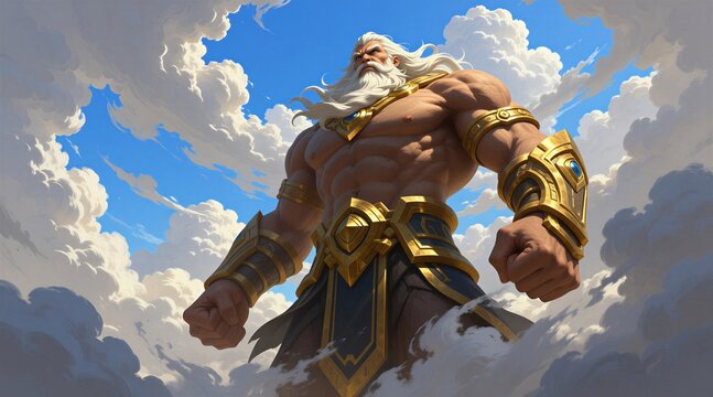 Powerful titan Cronus stands amidst fluffy white clouds in blue sky. Ancient greek deity shows massive muscular body wearing golden armor bracers. Giant mythical ruler looks with serious facial