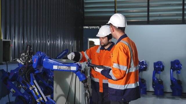 Industrial engineer inspecting a robotic arm machine in an automated manufacturing factory, robotics, automation, smart manufacturing, machine maintenance, quality control and Industry 4.0 technology.