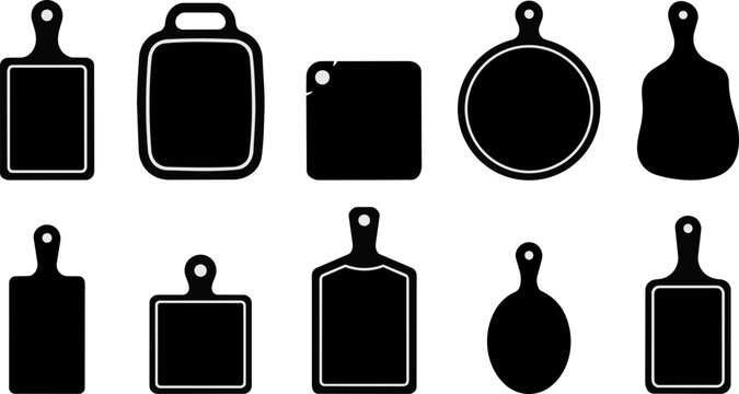 Set of various wooden cutting boards and kitchen serving trays isolated on a white background for culinary design