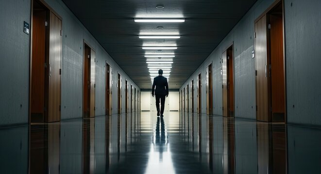 Businessman walking alone down a long modern office corridor.
