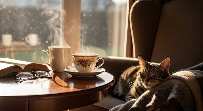 Tabby cat sleeping on sofa near hot coffee cup