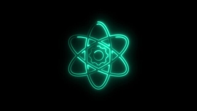 Neon atom symbol with rotating gear animation, science and technology concept, glowing cyan particle physics motion on black background