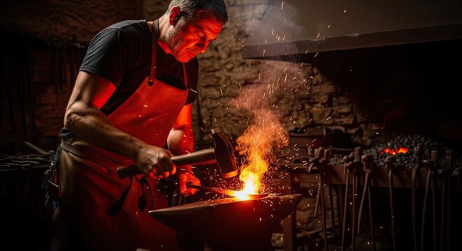 Blacksmith hammering glowing hot metal on anvil in workshop.