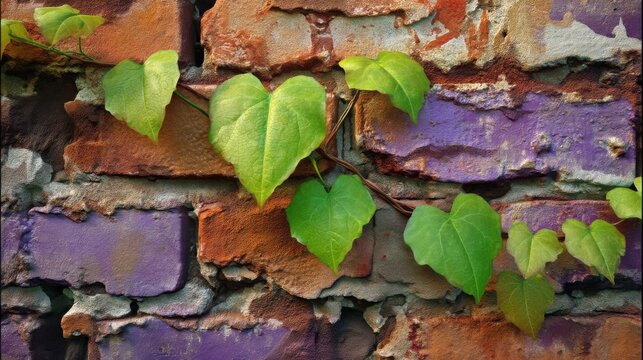 Heart-Shaped Ivy Leaves Growing on Colorful Brick Wall