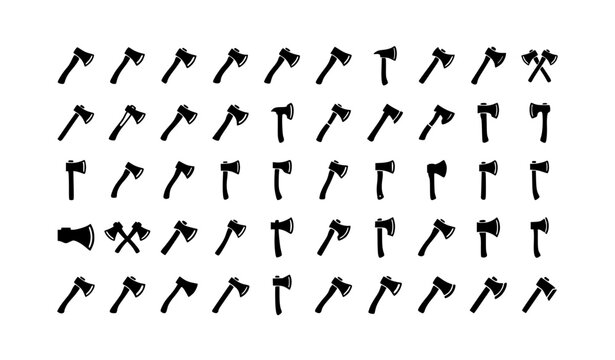 Minimalist wooden hatchet and lumberjack tool vector icon set featuring sharp axe heads crossed blades and timber handles for woodworking forestry dashboard camping branding and carpentry interface de
