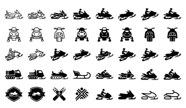 Minimalist winter snowmobile motorsport vector icon set featuring diverse snow scooters drivers sleds badges and extreme winter transport symbols for arctic tourism travel dashboard branding and adven