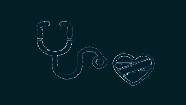Abstract stethoscope graphic links a heart icon using glowing wireframe lines. Medical cardiology decks employ this stethoscope asset. Stethoscope wireframe vectors glow bright.