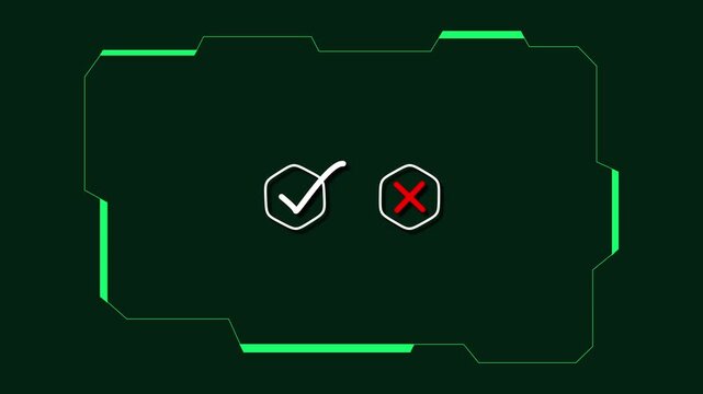 Futuristic interface presents check mark and cross icons on dark green screen. Validation software decks display this interface panel. Interface status indicators pulse smoothly.