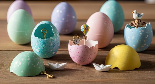 Decorative pastel easter eggs with miniature charms on wood.