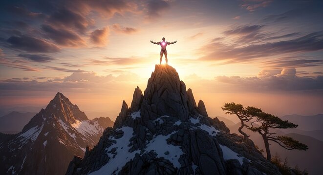 Hiker celebrating victory on sharp mountain peak at sunset.
