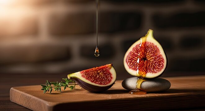 Fresh sliced figs with honey dripping on wooden board.