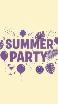 Summer party banner with bold purple lettering and tropical icons on a pale background balloons, disco ball, cocktail glass and leafy decoration