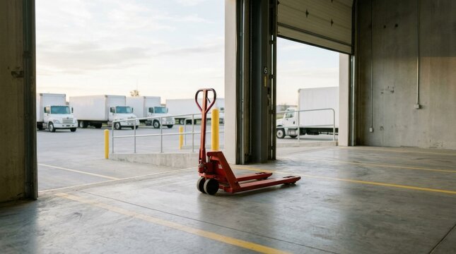 Red Pallet Jack Standing in Empty Warehouse Loading Dock with Trucks Outside.