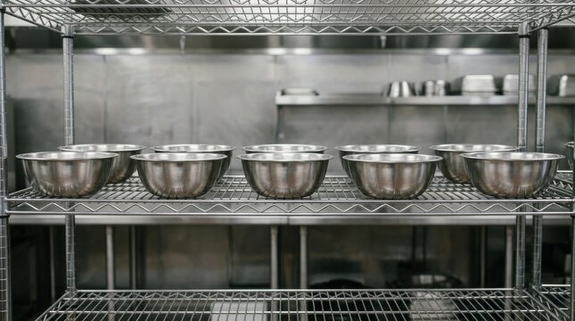 Row of stainless steel mixing bowls on a metal kitchen wire shelf.