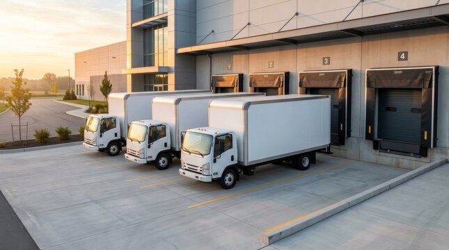 Three white delivery trucks parked at a modern warehouse loading dock.