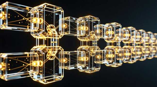Digital blockchain made of glowing transparent blocks with bright light beams. Interconnected metal chain links represent data security, modern tech networking. Abstract concept of future finance