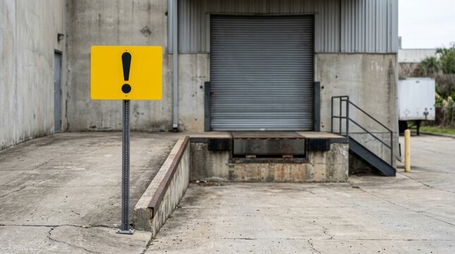 Warning sign with exclamation mark outside industrial warehouse loading dock.