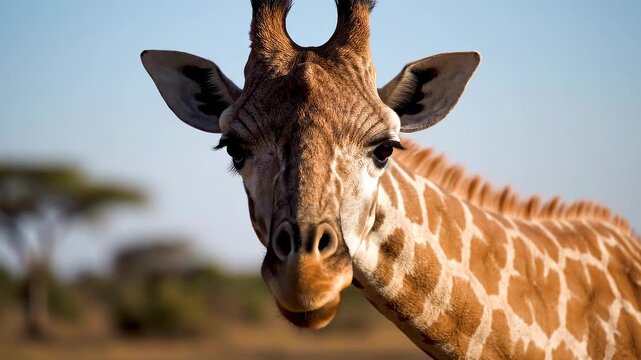 Giraffe head turning slowly in savannah sunlight with soft bokeh background