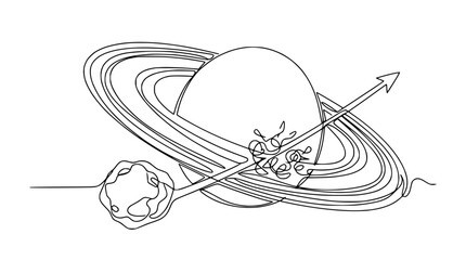 Saturn planet with rings and arrow, single line art, isolated on transparent background © chici