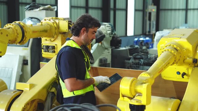 Industrial engineer inspecting a robotic arm machine in an automated manufacturing factory, robotics, automation, smart manufacturing, machine maintenance, quality control and Industry 4.0 technology.