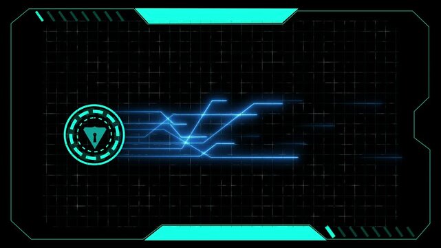 Blue digital interface presents a glowing shield icon over coordinate grid. Firewall software portals adopt blue digital interface. Digital interface graphics glow brightly.