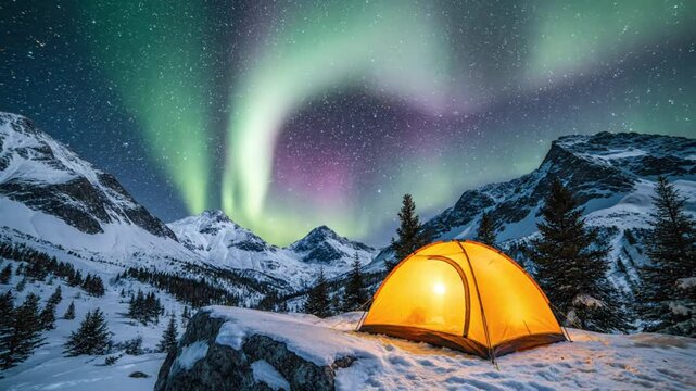 Stunning night sky of the aurora borealis, a lit tent sits on snowy rocks in the wilderness among mountains