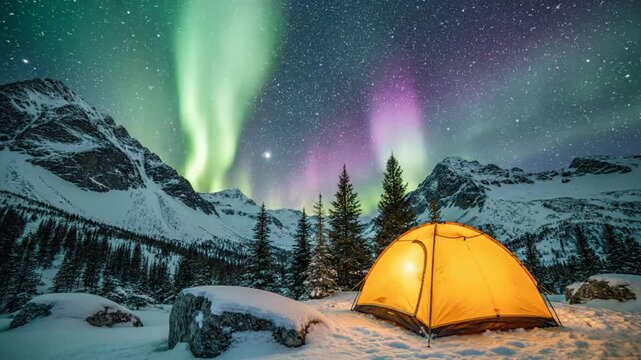Stunning timelapse of aurora borealis lights shimmering across the starry sky above a lit tent in a snowy winter landscape