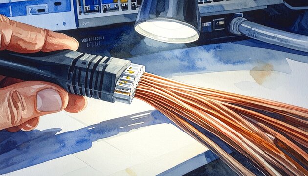 Hand holding fiber optic cable with visible strands.