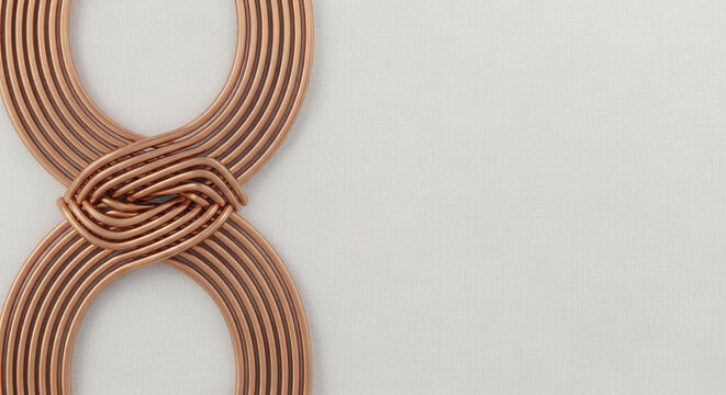 Intertwined copper wire forming an infinity symbol on a textured white background, representing connection, continuity, and everlasting concepts, with free space for text.