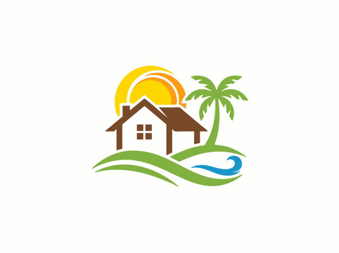 Tropical beach house logo vector, summer vacation villa icon with palm tree and sun, coastal real estate resort branding