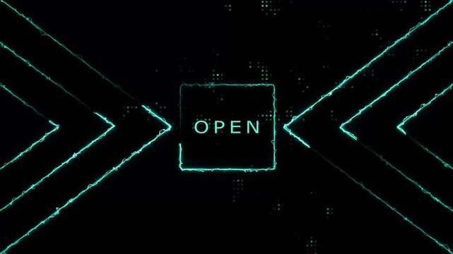 Neon open sign illuminates storefront display alongside digital arrows icons. Commercial promotion clips apply neon open sign. Neon open sign graphics glow brightly.