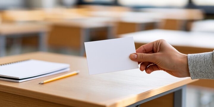 Hand holding blank card in classroom setting