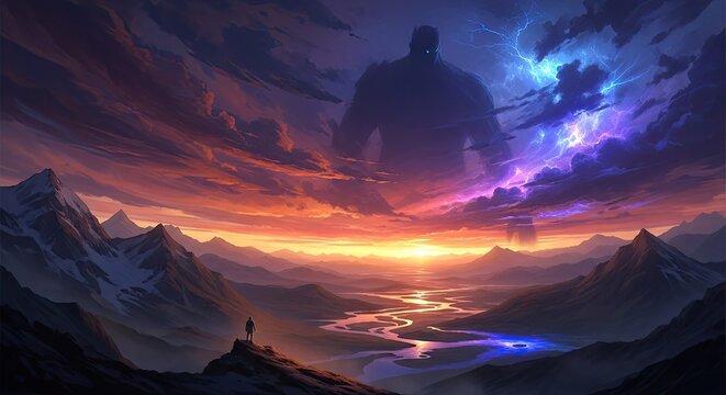 Epic mountain landscape with giant celestial figure at sunset.